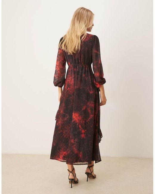 Lovedrobe Brown V Neck Blouson Sleeve Ruffle Midaxi Dress