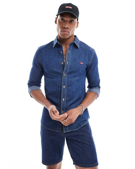 Levi's Blue Battery Batwing Logo Slim Fit Chambray Denim Shirt for men