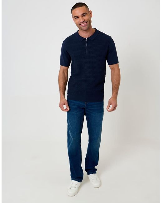 Threadbare Blue Textured Knit Quarter Zip Polo for men