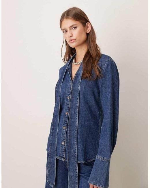 Camisa Vaquera Con Lazada En El Cuello De Tejido 100% Algodón De Mango de color Blue