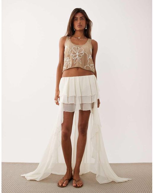 Miss Selfridge Natural Beach Chiffon Frill High Low Maxi Skirt