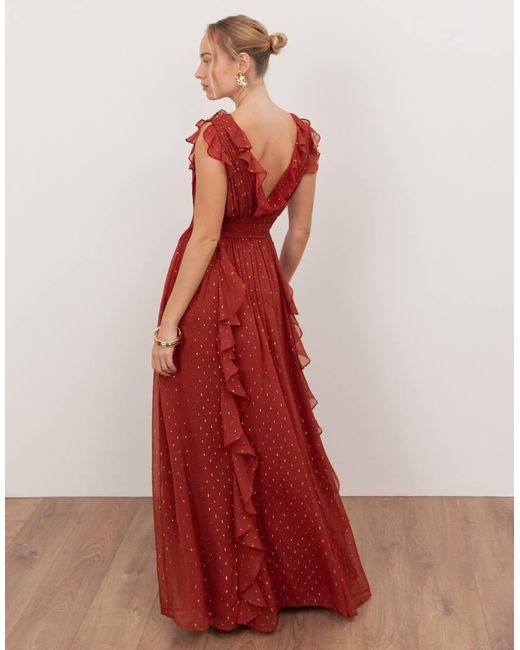 ANAYA Red Plunge Neck Waterfall Ruffle Maxi Dress