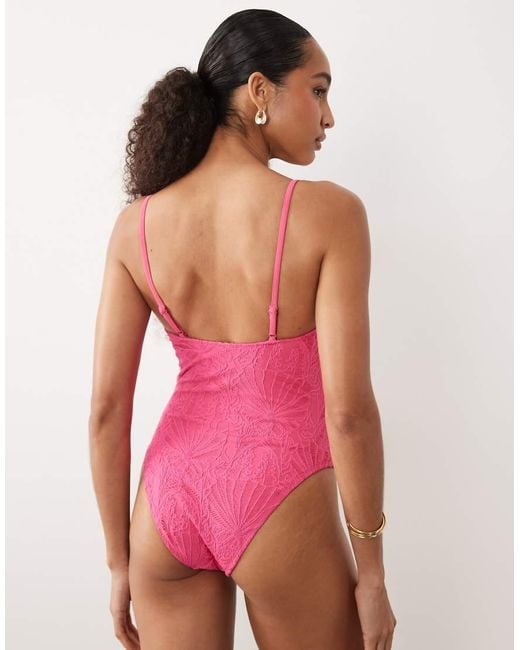 New Look Pink Crochet Ruched Side Swimsuit