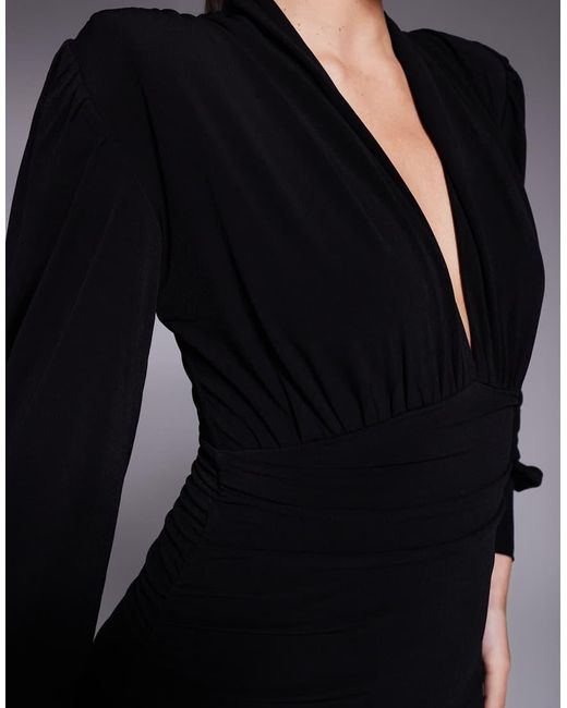 Ruched & Ready Blue Focus On Me Removable Shoulder Pad Detail Sculpting Plunge Neck Balloon Sleeve Mini Dress