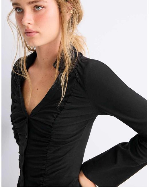 Stradivarius Black V-neck Gathered Shirt
