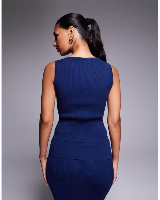 Kaiia Blue Exclusive Slash Neck Sleeveless Rib Knit Top Co-Ord
