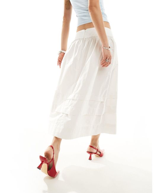 Motel White Waist Detail Pleated Cotton Midi Skirt