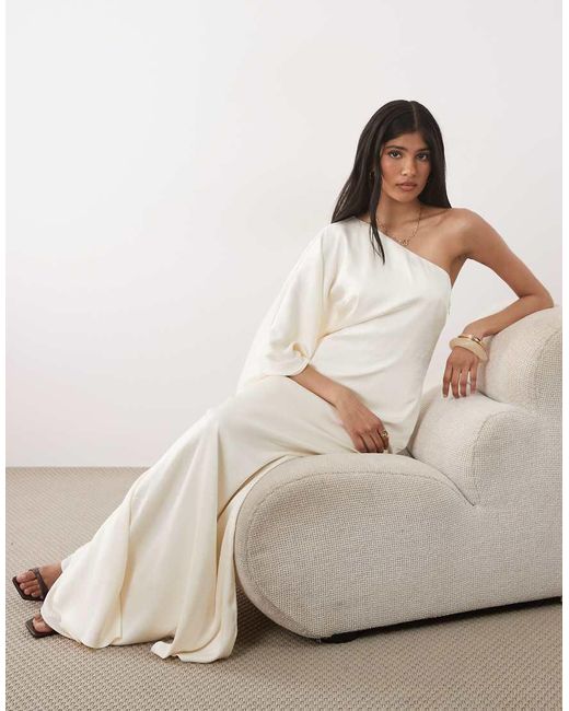 Six Stories Natural Satin One-shoulder Draped Bias Maxi Dress