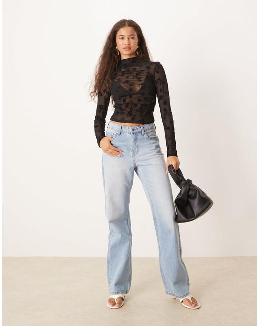 ASOS Black Flock Floral Sheer High Neck Gathered Top With Long Sleeve