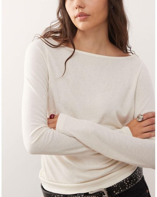 Collusion White Slash Neck Textured Long Sleeve Top