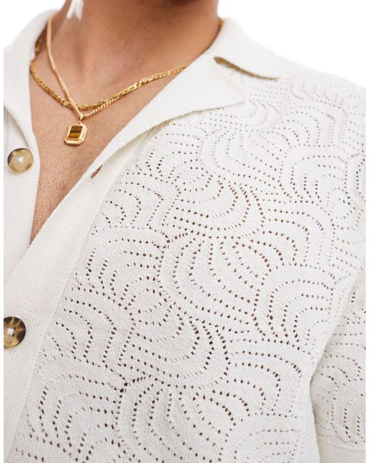 Only & Sons White Revere Collar Open Knit Shirt for men