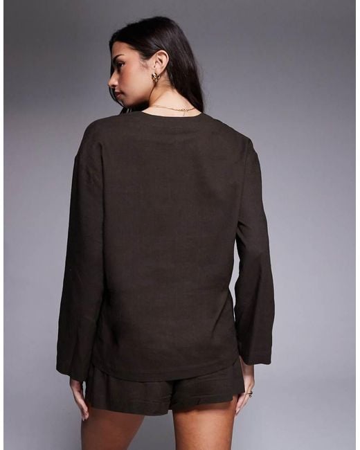 The Frolic Gray Exclusive Contains Linen Tie Front Long Sleeve Beach Top