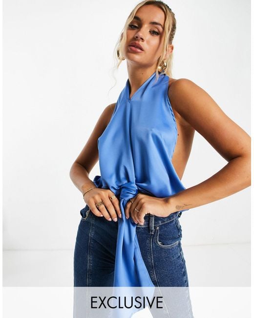 AsYou Satin Knot Front Halter Top in Blue