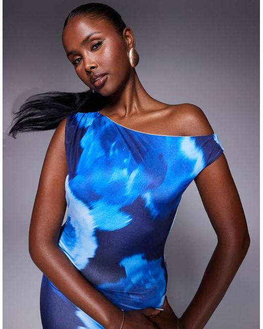 Fashionkilla Blue Double Sculpted Slinky Asymmetric Shoulder Maxi Dress
