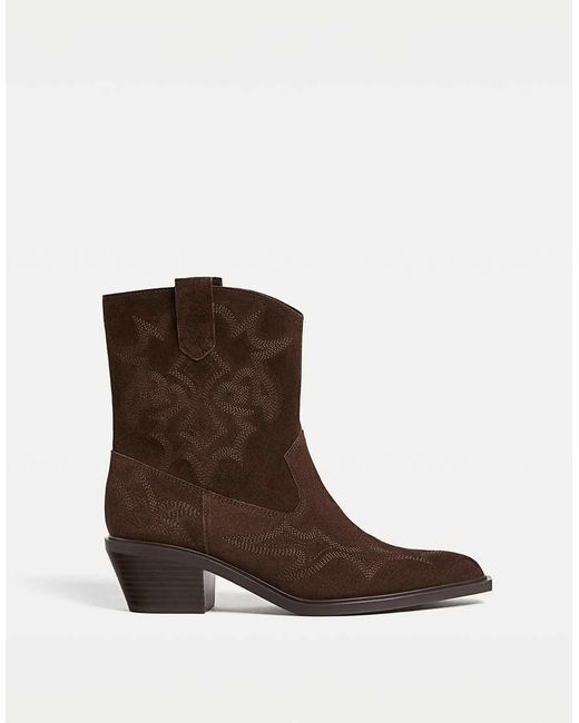 Stradivarius White Split Leather Heeled Cowboy Ankle Boots