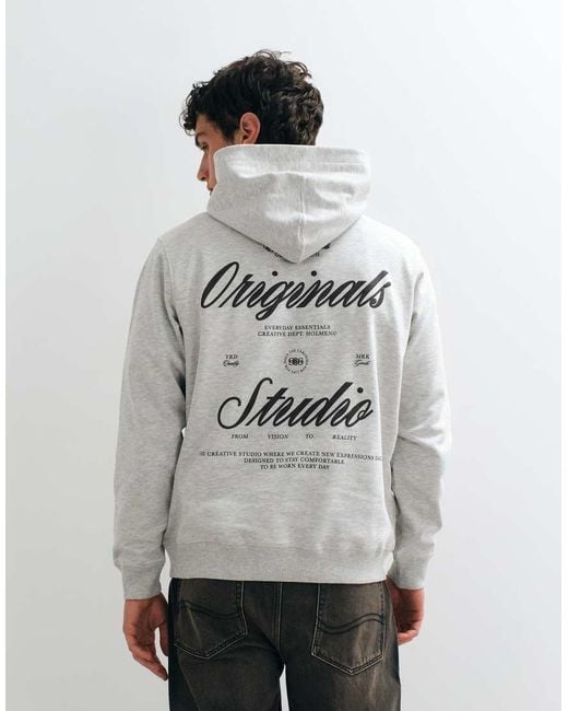Jack & Jones Gray Oversized Hoodie With Originals Back Print for men