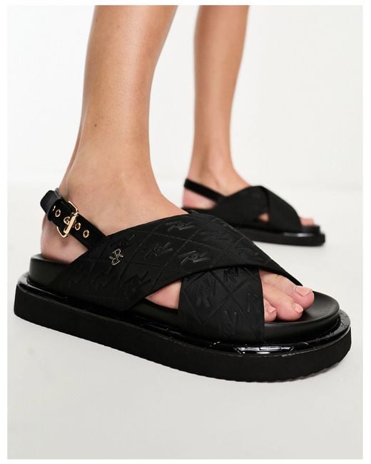 River Island Black Cross Strap Branded Sandal