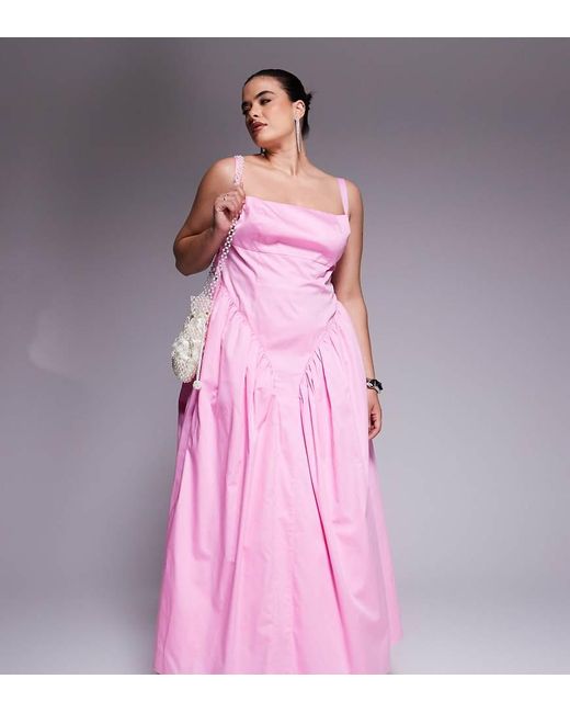 Vestido Largo Con Cinturilla Ceñida Y Lazo En La Espalda De Satén De Algodón De Curve ASOS de color Pink