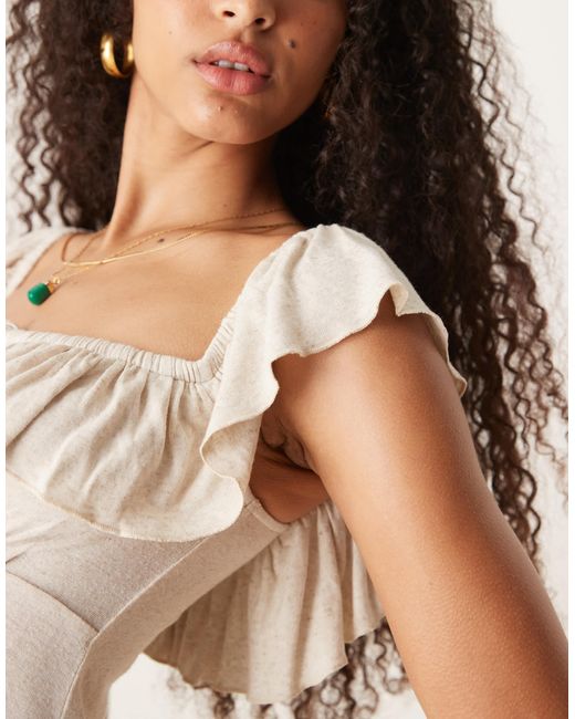 Robe courte patineuse aspect lin à encolure carrée et volants - ivoire ASOS en coloris Natural