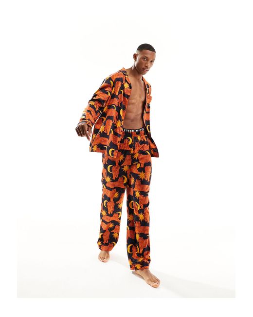 Chelsea Peers Red Satin Tiger Celestial Long Pyjama Set for men