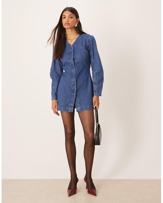 ASOS Blue Denim High V Neck Mini Dress With Cocoon Sleeve