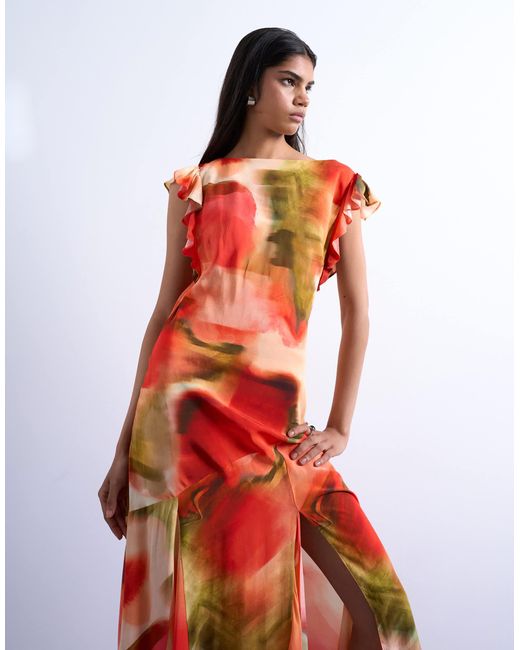 TOPSHOP Red Cowl Back Flutter Sleeve Maxi Dress