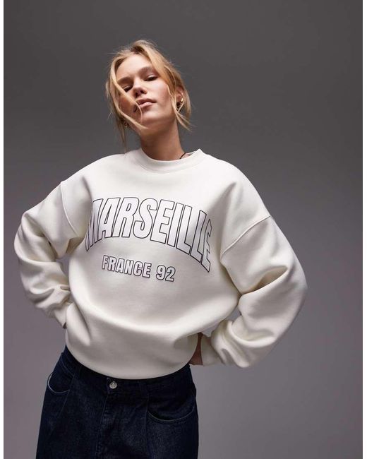 Felpa Oversize Ècru Con Grafica Marseille di TOPSHOP in Gray