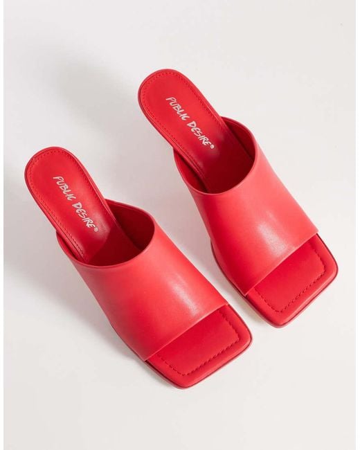 Public Desire Red Winnie Square Toe Heeled Mule Sandals