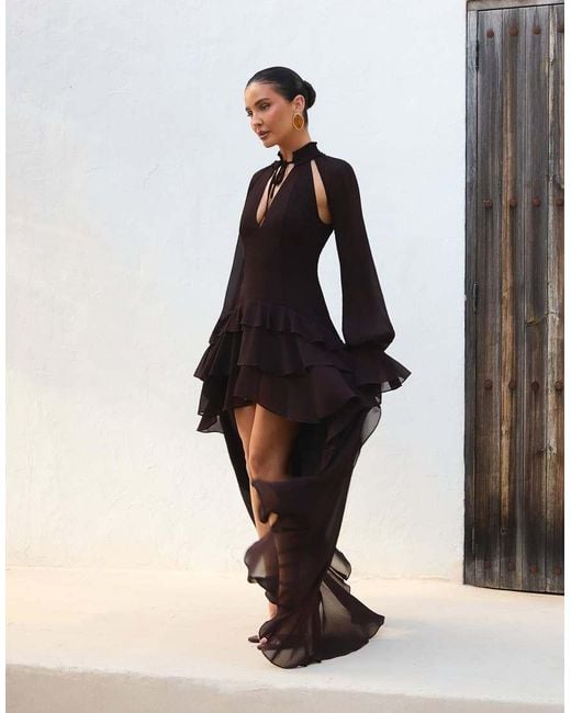 Wanderdoll Black X Emma Milton Fleur Chiffon Tie Neck Ruffle High Low Maxi Dress