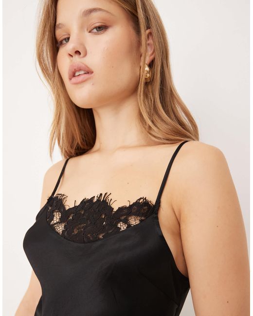 ASOS Black Cami Lace Trim Satin Slip Maxi Dress
