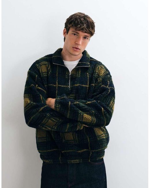 ASOS Blue Oversized Borg Quarter Zip With Check Print for men