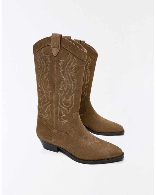 Bershka White Leather Cowboy Boots