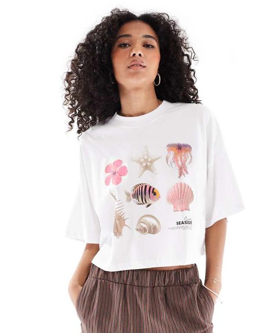 T-Shirt Taglio Corto Bianca Con Grafica Con Conchiglie di ONLY in White