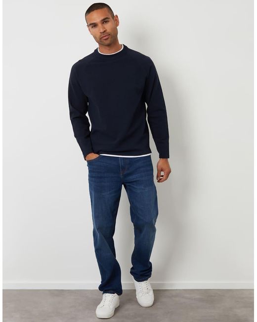 Threadbare Blue Mock Tee Textured Knit Crew Neck Jumper for men