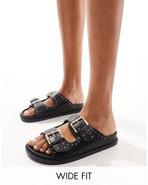 Truffle Collection Black Wide Fit Double Strap Studded Footbed Sandal