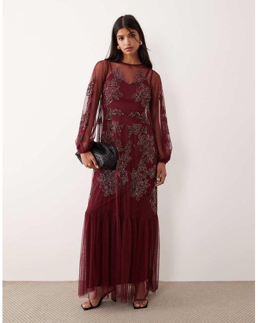 Maya Red Embellished Long Sleeve Trapeze Maxi Dress