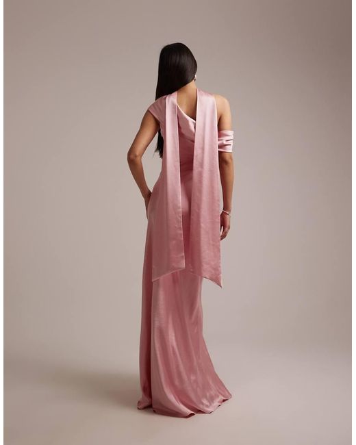 Six Stories Pink Bridesmaids Satin Drape One Shoulder Maxi Dress