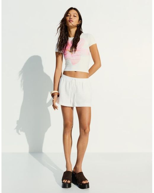 Bershka White Rustic Shorts With Elasticated Waist