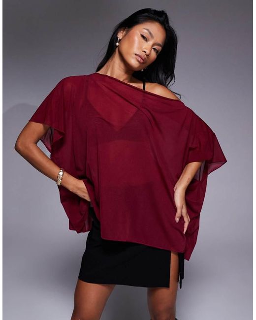 ASOS Red Mesh Sheer Slouchy Longline Off-shoulder Cape Top