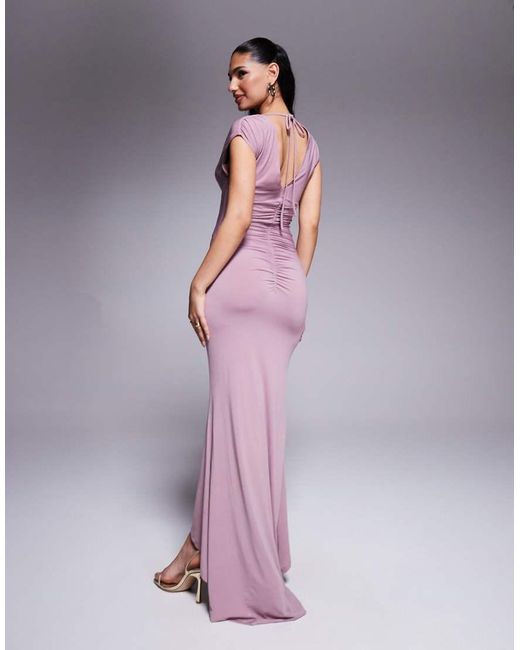 ASOS Purple Cap Sleeve With Trim Detail With Ruching Detail Maxi Dress