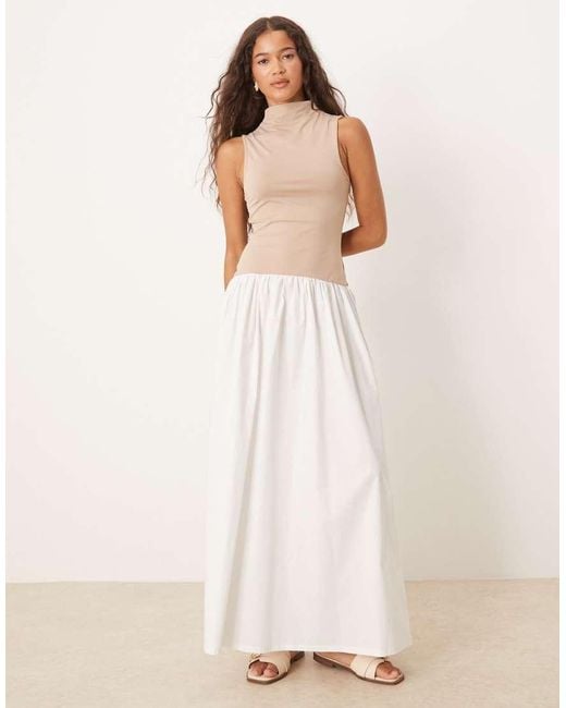 ASOS Natural High Neck Dropped Waist Midaxi Dress With Poplin Skirt