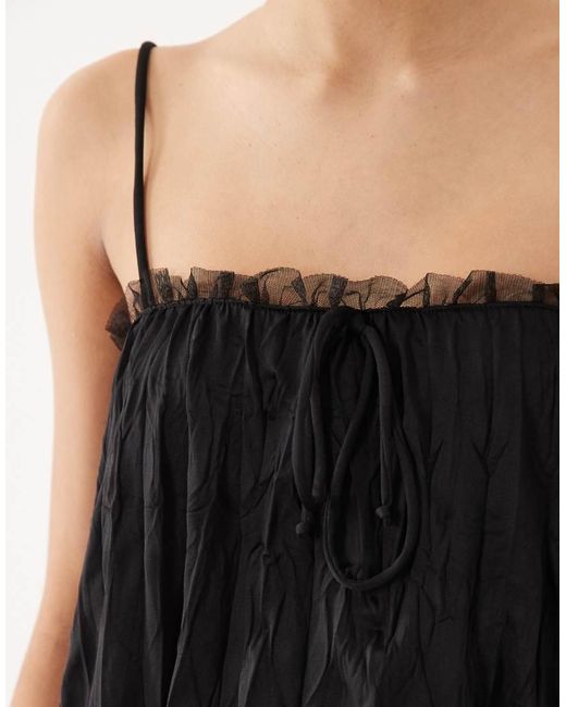 ASOS Black Crinkle Cami With Bubble Hem And Mesh Trim