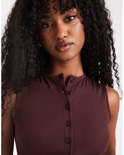 Miss Selfridge Brown Ribbed Button Through Top