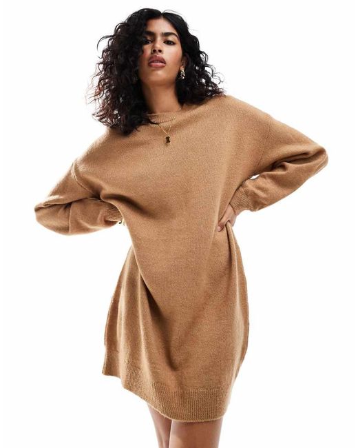 ASOS Brown Knitted Jumper Mini Dress With Crew Neck