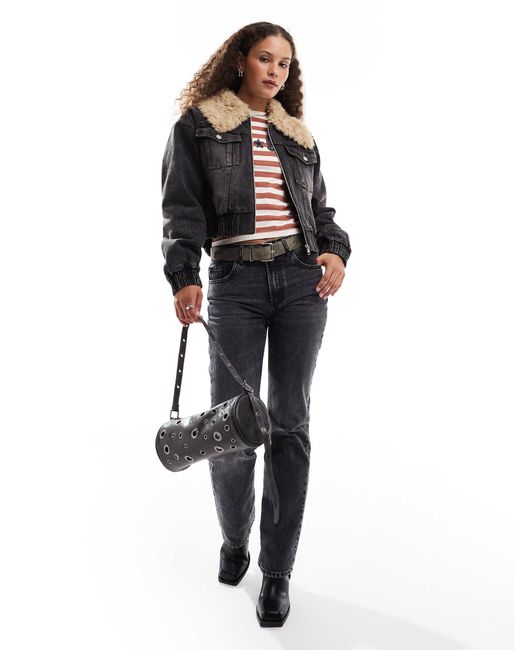 emory park Black Denim Oversized Bomber With Faux Shearling