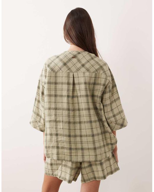 Barbour Brown Orla Co-ord Short Sleeve Linen Oversized Collarless Tartan Shirt