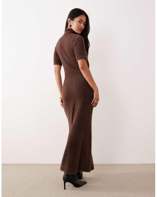 Pretty Lavish Brown Fluffy Knit Turtle Neck Short Sleeve Maxi Dress