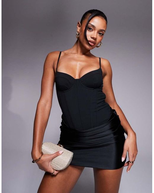 oh polly black corset dress Velvet Long Sleeve Corset Mini Dress in Jet Black - 6