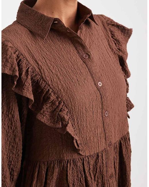 Wednesday's Girl Brown Ruffle Detail Mini Smock Dress