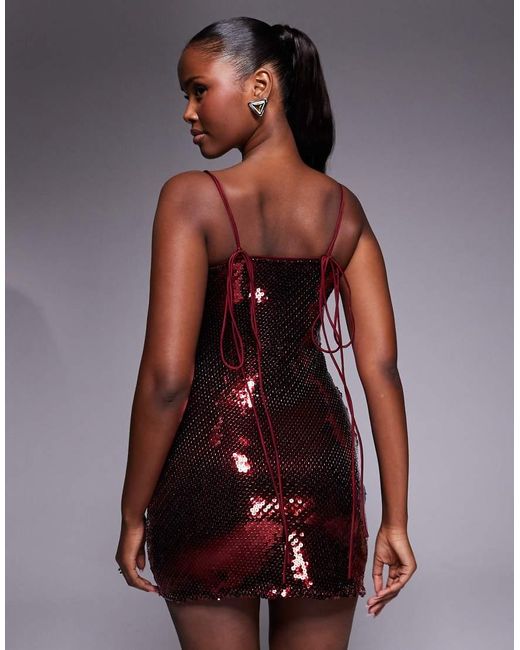 ASOS Red Sheer Sequin Cowl Neck Mini Dress With Strappy Back